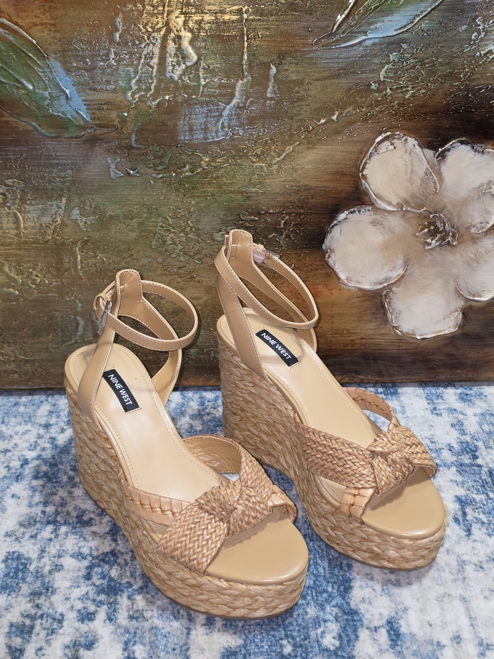 Nine West Tan Woven Platform Wedge Sandals with Ankle Strap